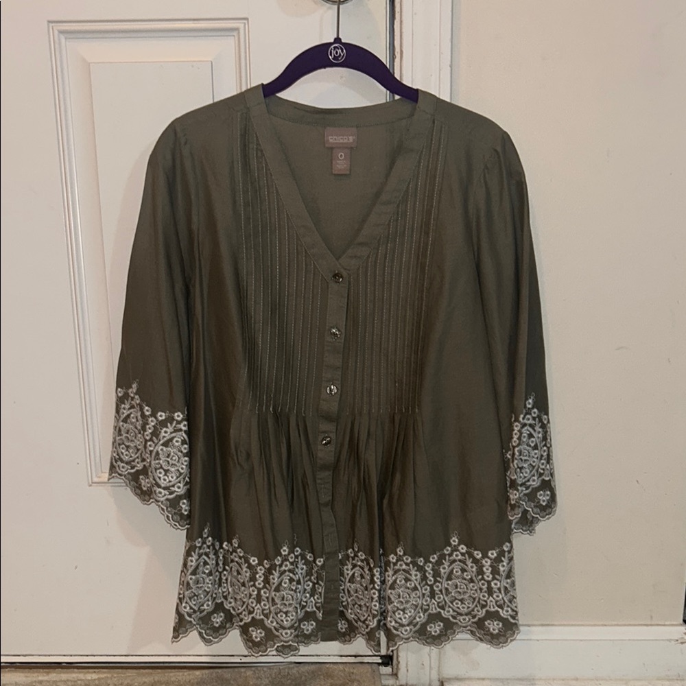 Chico's Green Pleated Mandarin Collar Blouse